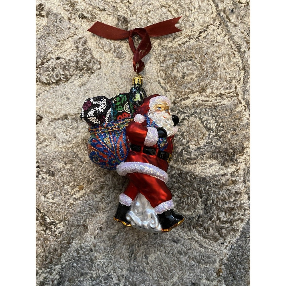 Radko Vera Bradley Santa Claus Floral Gift & Bag Christmas Ornament Rare Glass